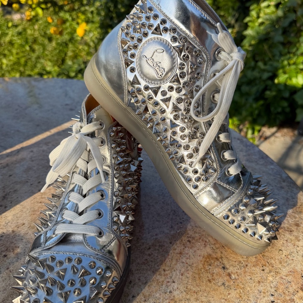Christian Louboutin Metallic Silver Spiked Sneakers